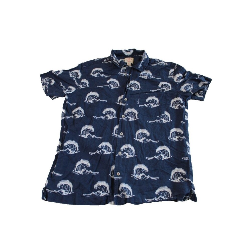 Brooks‎ Brothers Red Fleece Mens M Navy Blue White Wave Print Short Sleeve Shirt